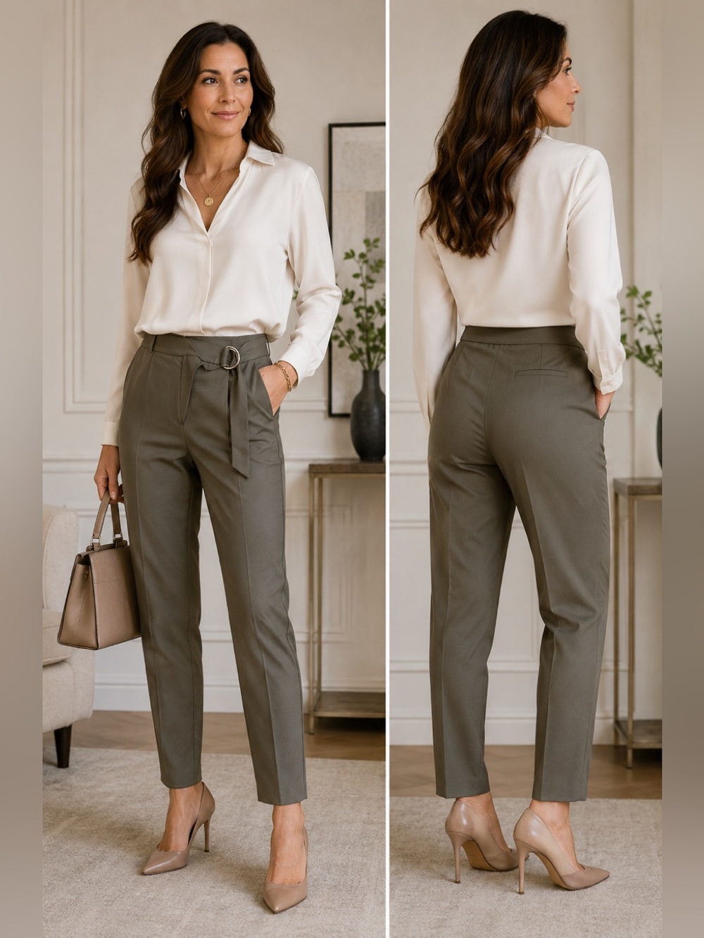 TRISTAN khaki green Flowey tapered belted dress pants trousers Sz 8